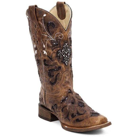 Corral Brown Antique Saddle Black Sequin Leather Western Cowboy Boots - Picture 1 of 16